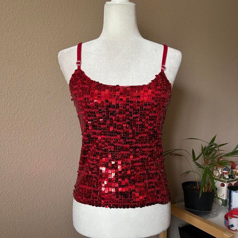 Red sequins silk blend tank top
